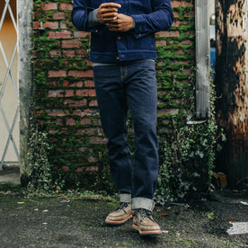 fit model wearing The Democratic Jean in Rinsed Organic Selvage