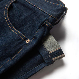 material shot of selvage hem of hem The Democratic Jean in Rinsed Organic Selvage