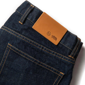 material shot of leather patch of The Democratic Jean in Rinsed Organic Selvage