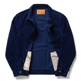 flatlay of The Dispatch Jacket in Indigo Cord, shown open