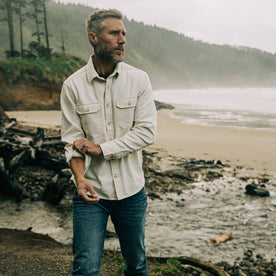 fit model wearing The Division Shirt in Natural Selvage on the Oregon Coast