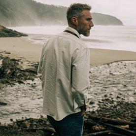 fit model wearing The Division Shirt in Natural Selvage, shown from the back