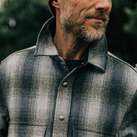 fit model with the collar popped of The Forester Jacket in Ash Plaid