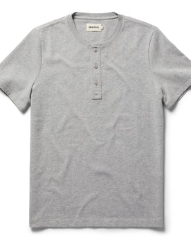flatlay of The Short Sleeve Heavy Bag Henley in Aluminum, Knits by Taylor Stitch