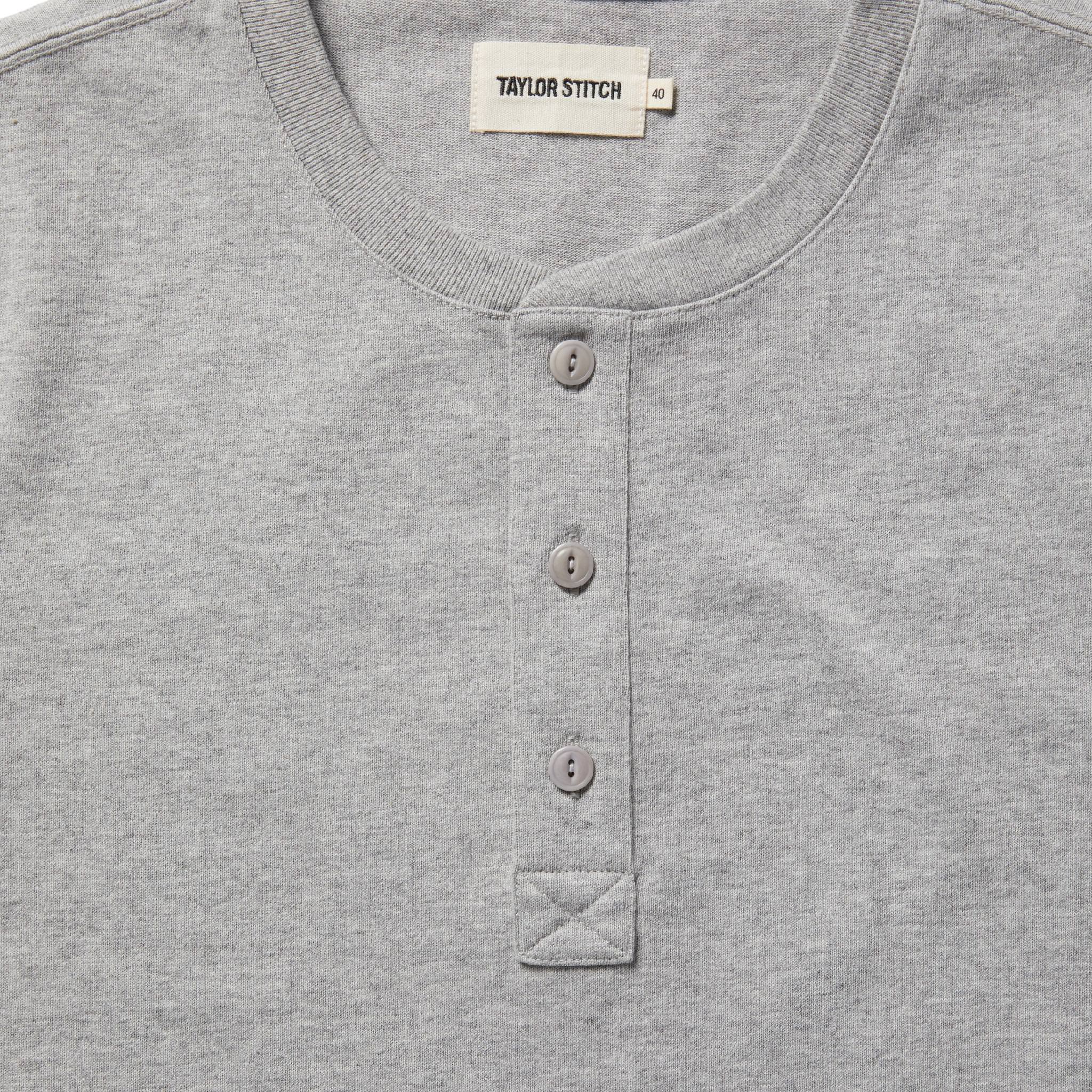 material shot of the buttons on The Short Sleeve Heavy Bag Henley in Aluminum, Knits by Taylor Stitch