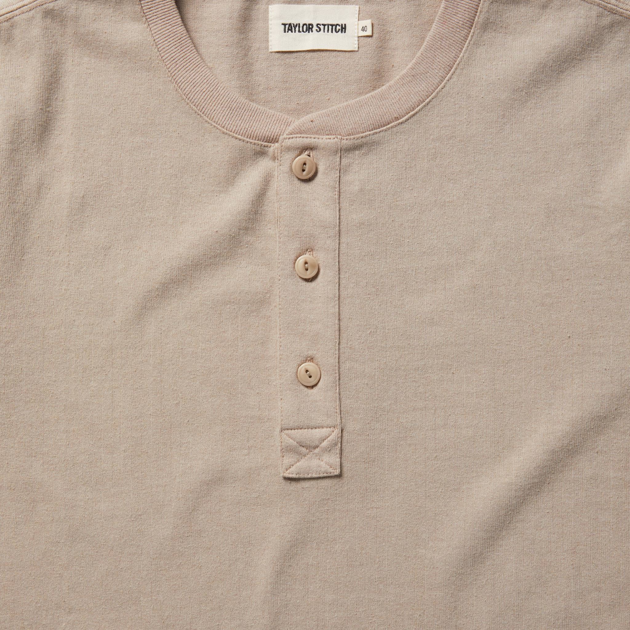material shot of the buttons on The Short Sleeve Heavy Bag Henley in Sand, Knits by Taylor Stitch