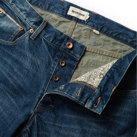 material shot of open button fly of The Democratic Jean in Sawyer Wash Organic Selvage
