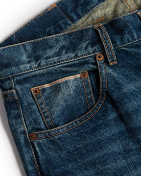 material shot of right pocket of The Democratic Jean in Sawyer Wash Organic Selvage, Bottoms by Taylor Stitch