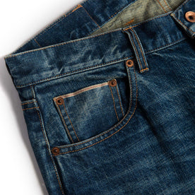 material shot of right pocket of The Democratic Jean in Sawyer Wash Organic Selvage