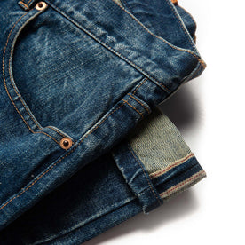 material shot of selvage hem of The Democratic Jean in Sawyer Wash Organic Selvage