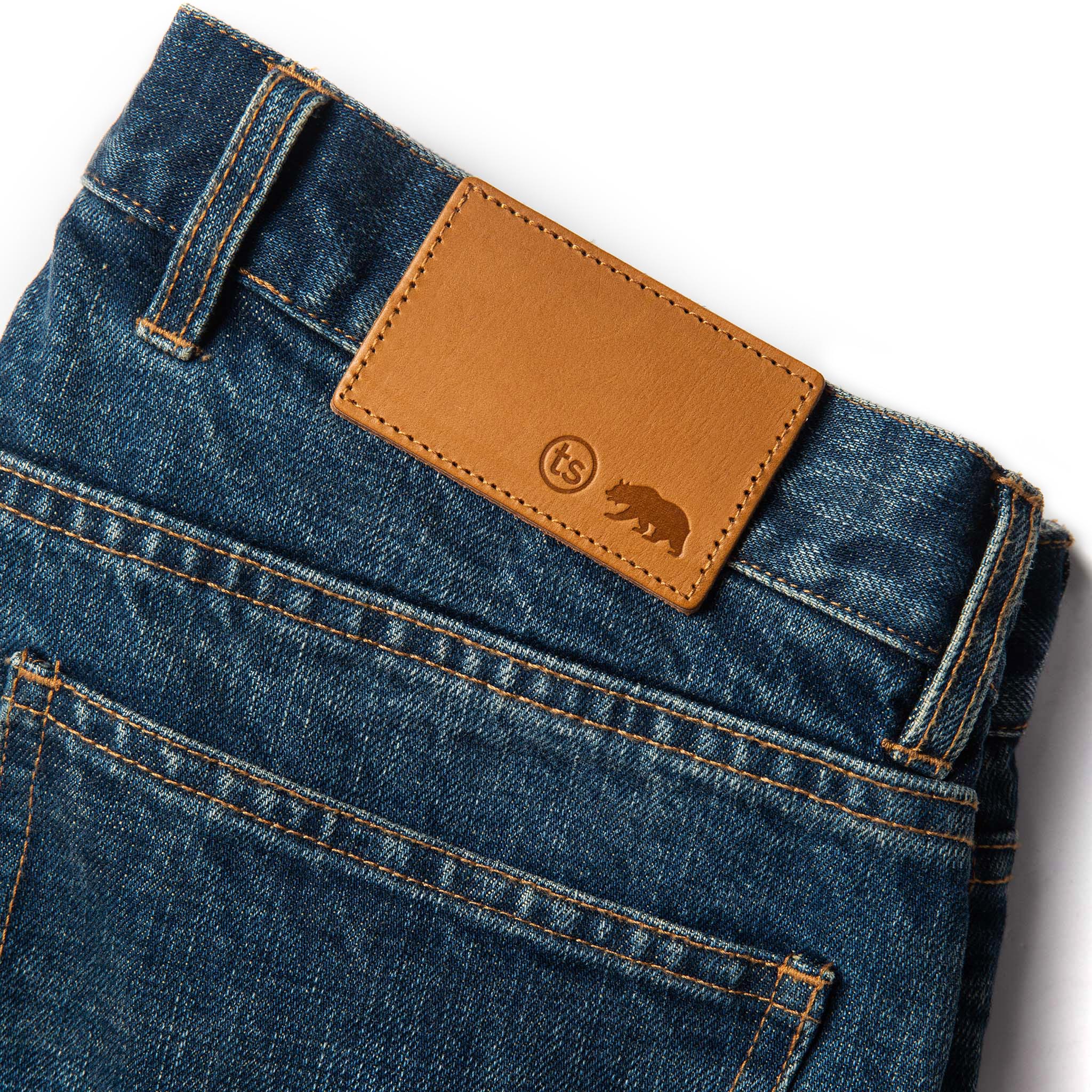material shot of leather patch of The Democratic Jean in Sawyer Wash Organic Selvage, Bottoms by Taylor Stitch