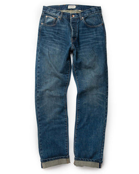 unfolded flatlay of The Democratic Jean in Sawyer Wash Organic Selvage, Bottoms by Taylor Stitch