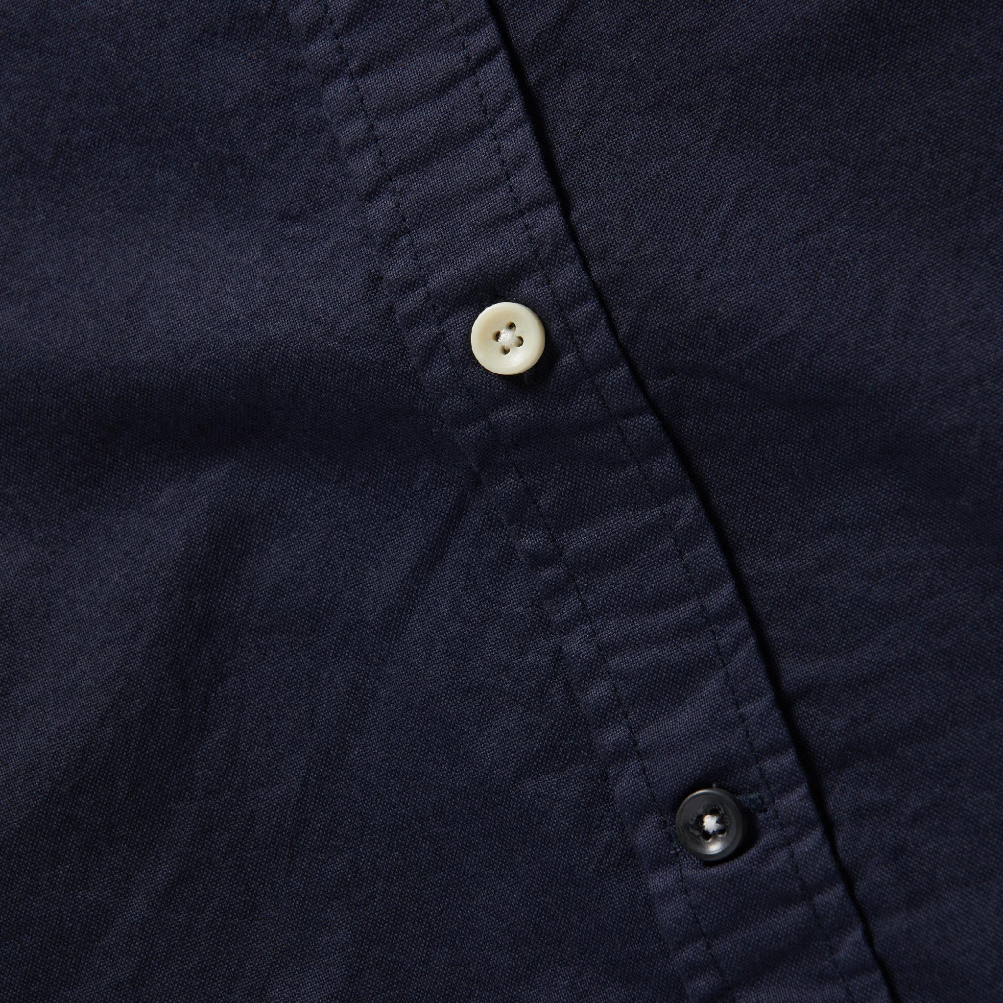 material shot of front placket of The Jack in Dark Navy Oxford, Wovens by Taylor Stitch