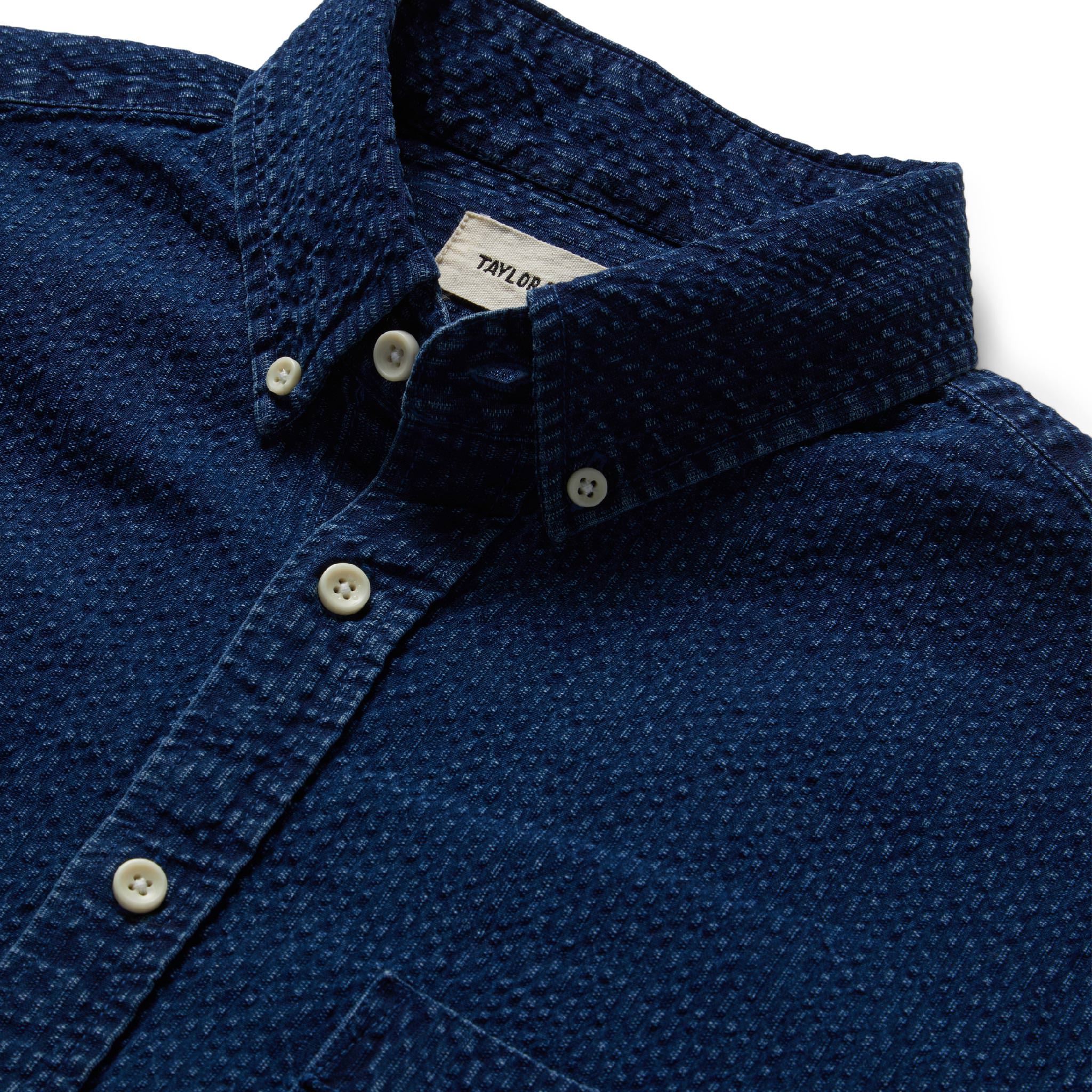 material shot of the collar and buttons on The Short Sleeve Jack in Indigo Seersucker, Wovens by Taylor Stitch