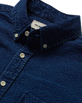 material shot of the collar and buttons on The Short Sleeve Jack in Indigo Seersucker, Wovens by Taylor Stitch