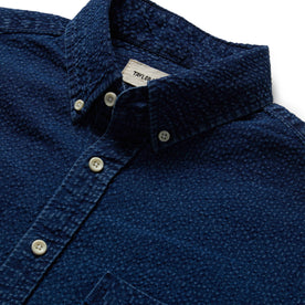 material shot of the collar and buttons on The Short Sleeve Jack in Indigo Seersucker