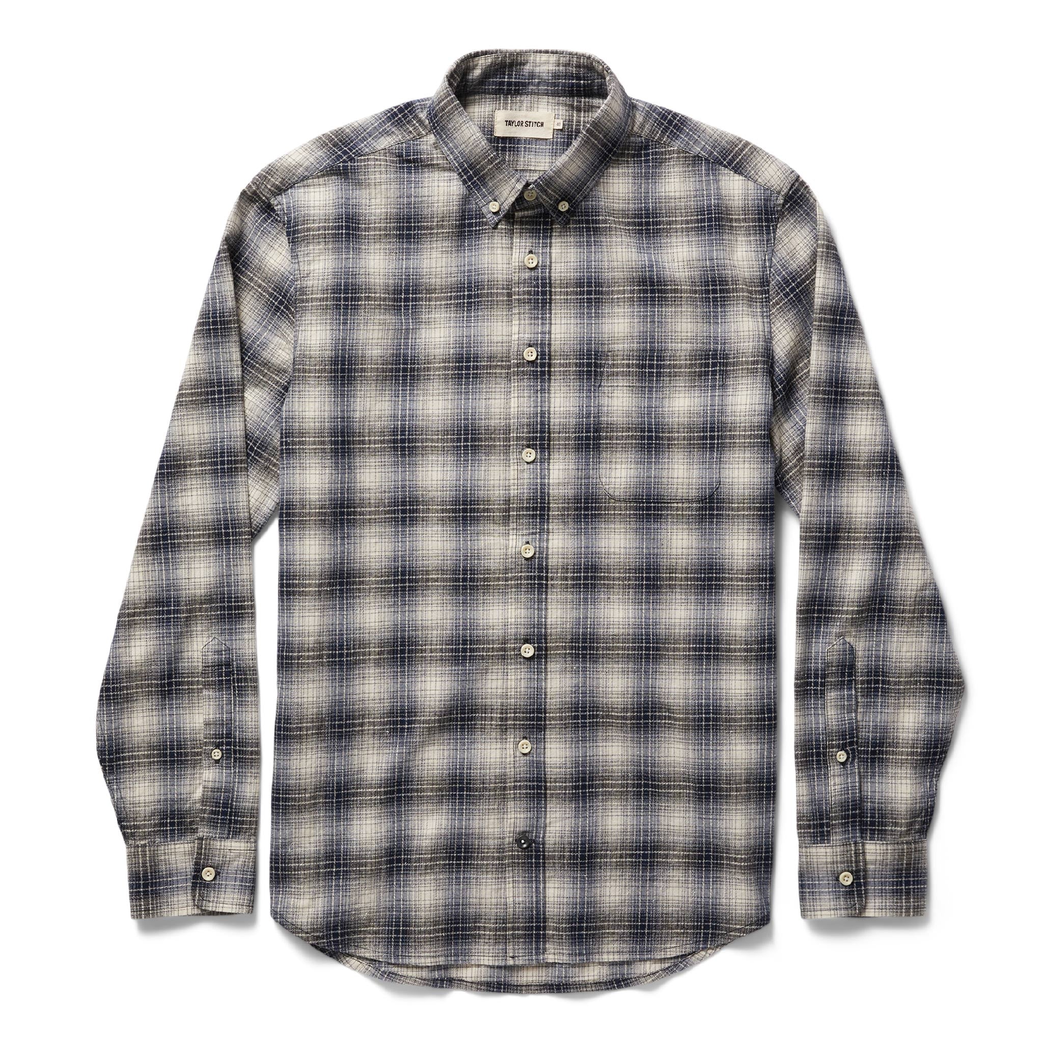 unfolded flatlay of The Jack in Navy Plaid, Wovens by Taylor Stitch