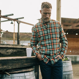 Fit Model with hand in pockets of The Jack in Rust Plaid Oxford