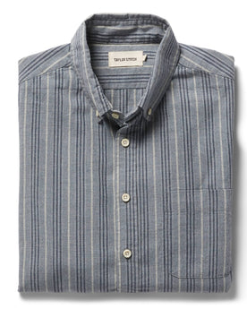 folded layflat of The Jack in Sky Blue Chambray Stripe, Wovens by Taylor Stitch