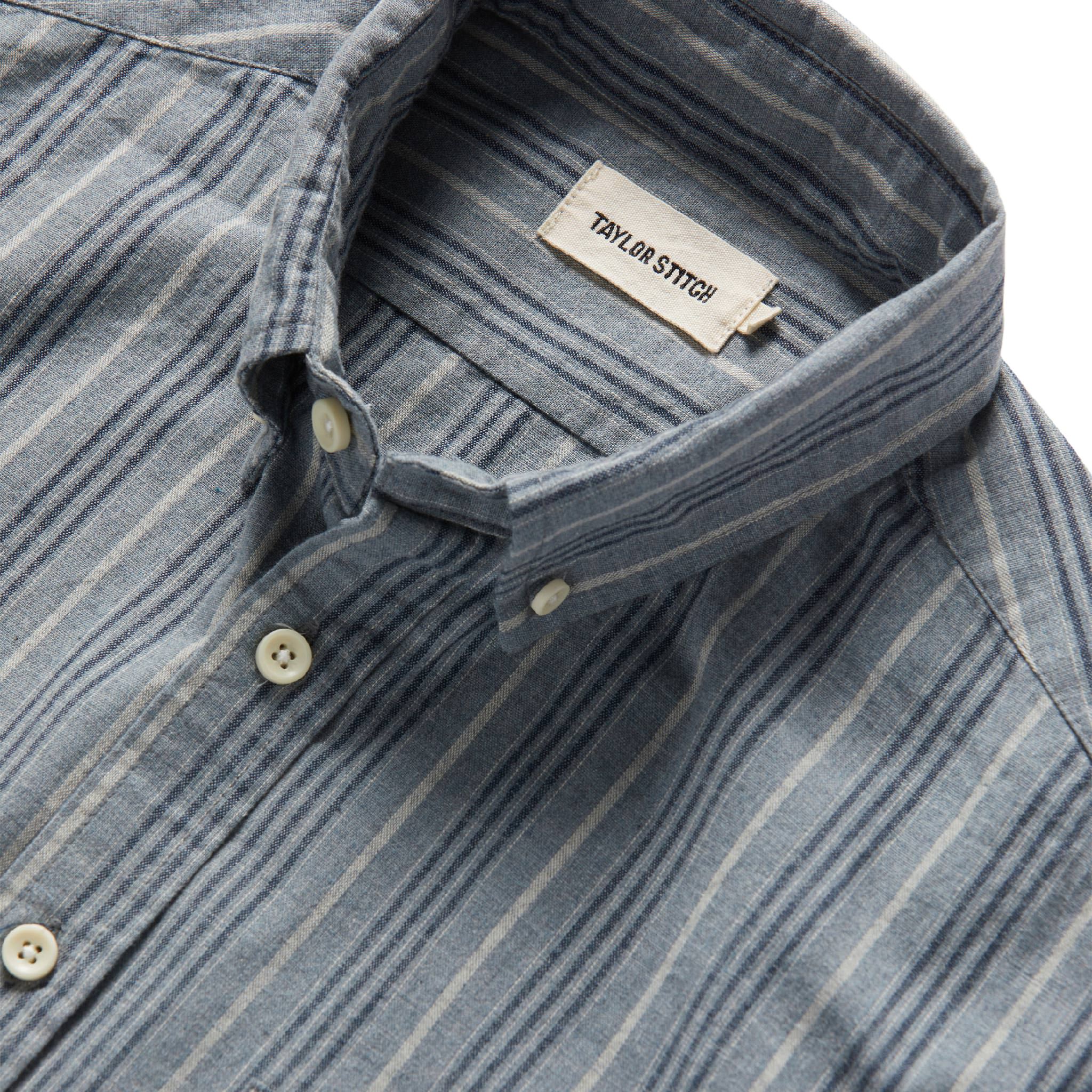 material shot of interior label of The Jack in Sky Blue Chambray Stripe, Wovens by Taylor Stitch