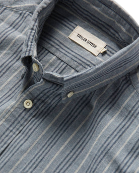 material shot of interior label of The Jack in Sky Blue Chambray Stripe, Wovens by Taylor Stitch