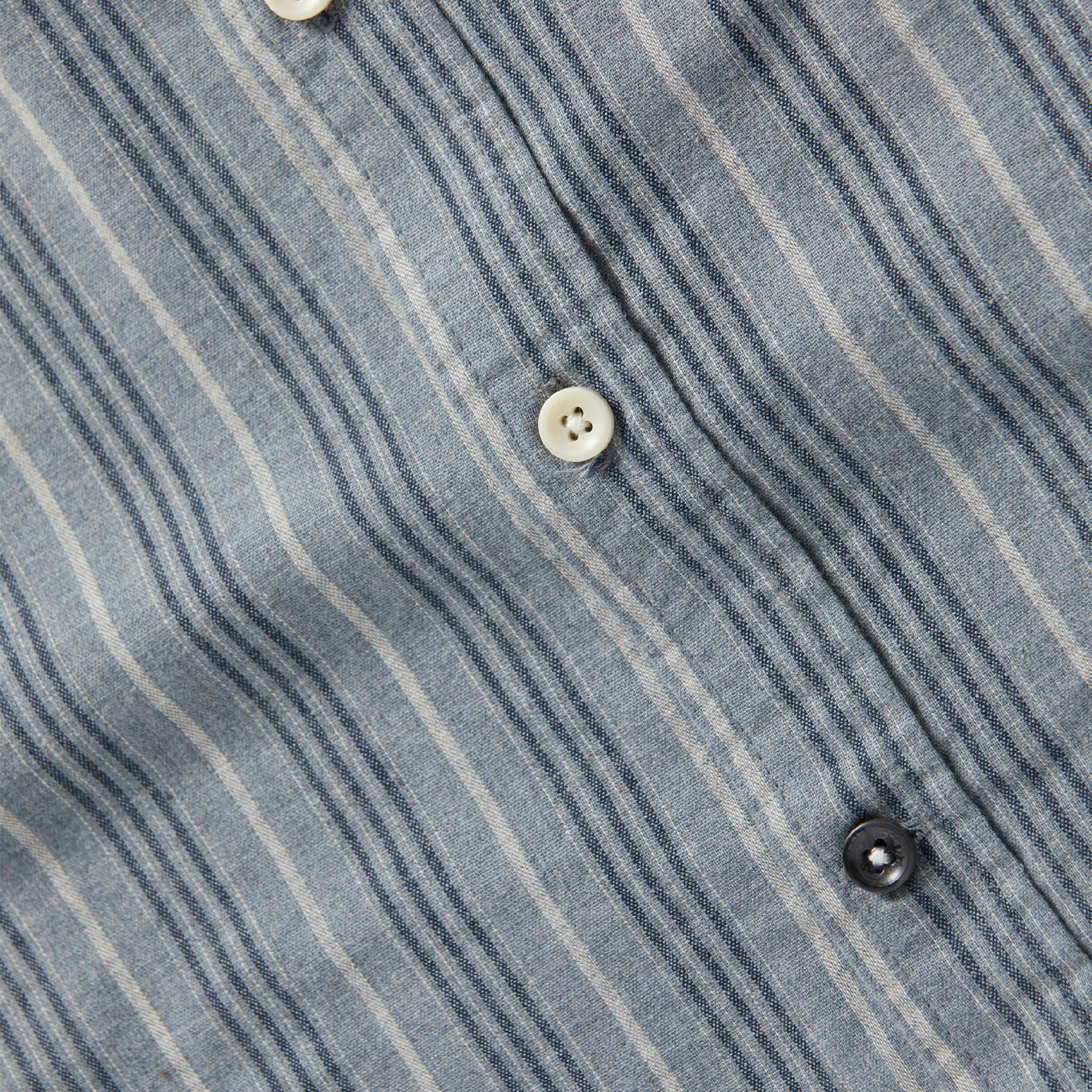 material shot of front placket of The Jack in Sky Blue Chambray Stripe, Wovens by Taylor Stitch