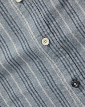 material shot of front placket of The Jack in Sky Blue Chambray Stripe, Wovens by Taylor Stitch