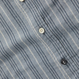 material shot of front placket of The Jack in Sky Blue Chambray Stripe