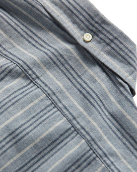 material shot of back yoke of The Jack in Sky Blue Chambray Stripe, Wovens by Taylor Stitch