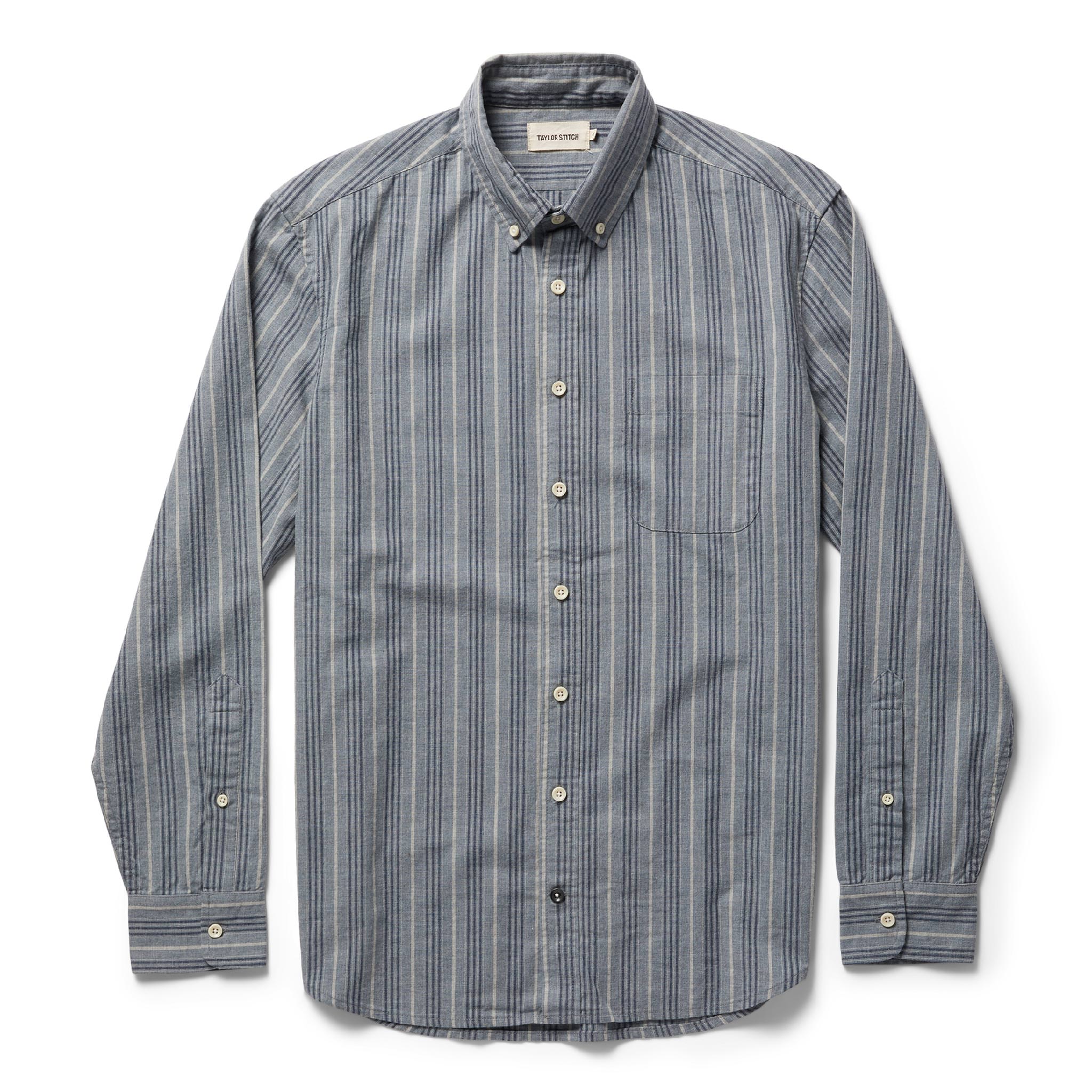 unfolded flatlay of The Jack in Sky Blue Chambray Stripe, Wovens by Taylor Stitch