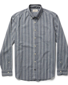 unfolded flatlay of The Jack in Sky Blue Chambray Stripe, Wovens by Taylor Stitch