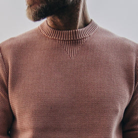 fit model showing collar of The Moor Sweater in Dusty Rose