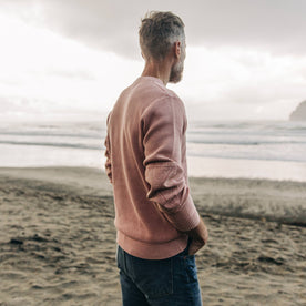 fit model showing back of The Moor Sweater in Dusty Rose on the beach