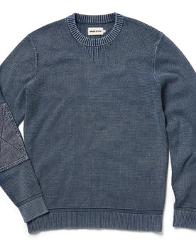 flatlay of The Moor Sweater in Washed Indigo, Knits by Taylor Stitch