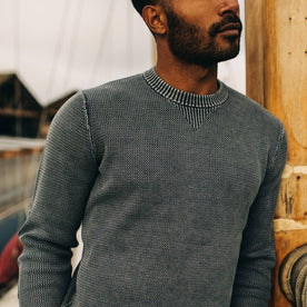 fit model showing front of The Moor Sweater in Washed Indigo