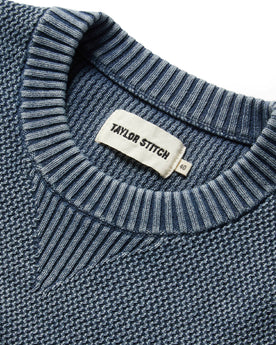 material shot showing collar and interior label of The Moor Sweater in Washed Indigo, Knits by Taylor Stitch