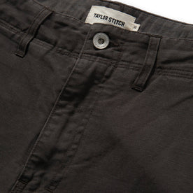 material shot of button fly of The Morse Pant in Dark Charcoal Slub