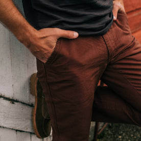 fit model with hands in pocket of The Morse Pant in Russet Slub