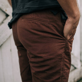 fit model showing back of The Morse Pant in Russet Slub