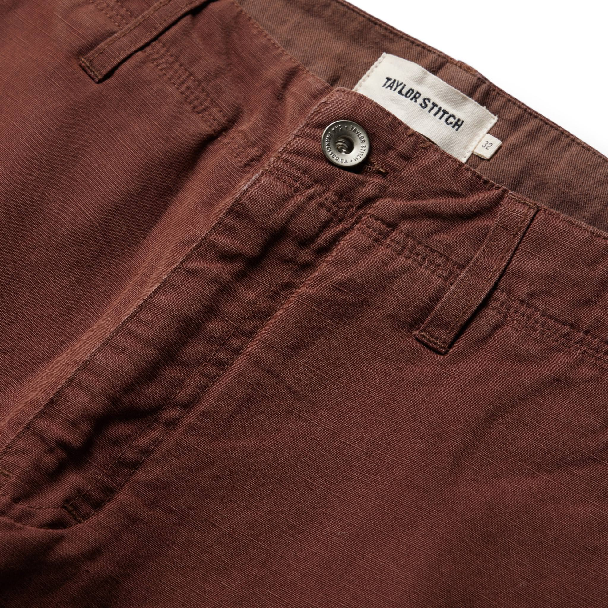 material shot of front button fly of The Morse Pant in Russet Slub, Bottoms by Taylor Stitch