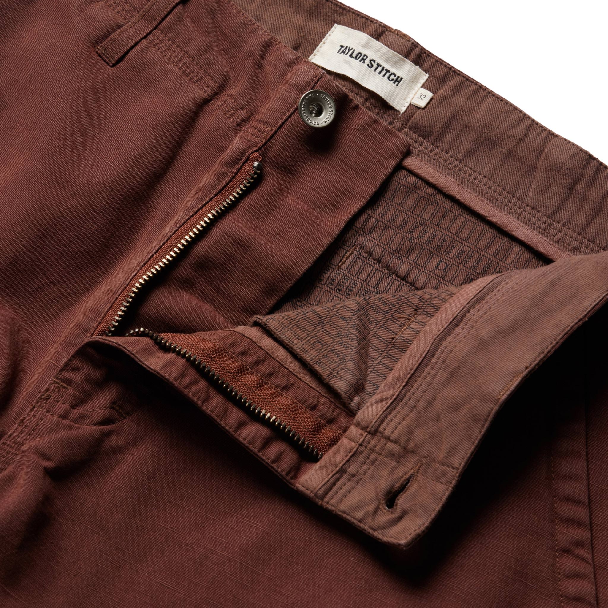 material shot of open button fly of The Morse Pant in Russet Slub, Bottoms by Taylor Stitch