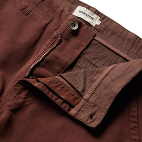 material shot of open button fly of The Morse Pant in Russet Slub