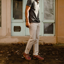 fit model on the sidewalk wearing The Morse Pant in Sand Slub