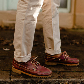 fit model showing cuffed hems of The Morse Pant in Sand Slub