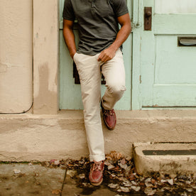 fit model with hand in pocket of The Morse Pant in Sand Slub