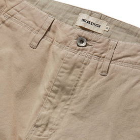 material shot of front button fly of The Morse Pant in Sand Slub