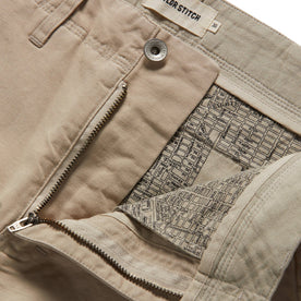 material shot of open button fly of The Morse Pant in Sand Slub
