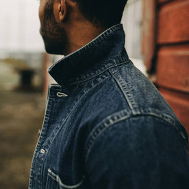 fit model with popped collar of The Ojai Jacket in Sawyer Wash Selvage