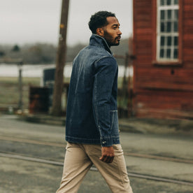 fit model crossing the street in The Ojai Jacket in Sawyer Wash Selvage