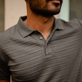 fit model showing close up of the collar of The Polo in Dark Slate Jacquard